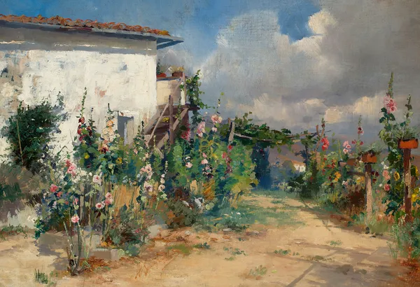 House with hollyhocks in the garden av Henryk Siemiradzki