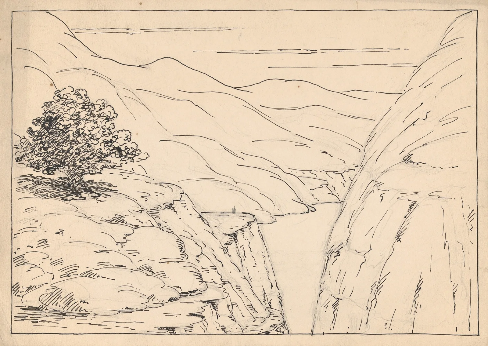 A River Landscape with Steep Cliffs av Herbert Crowley