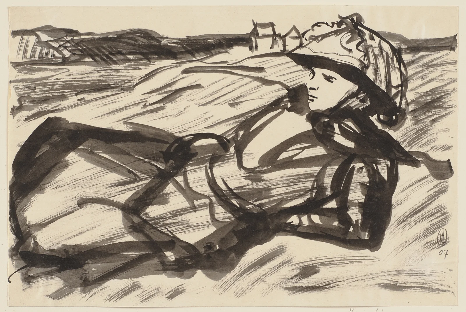 Lying woman with hat av Hermann Lismann