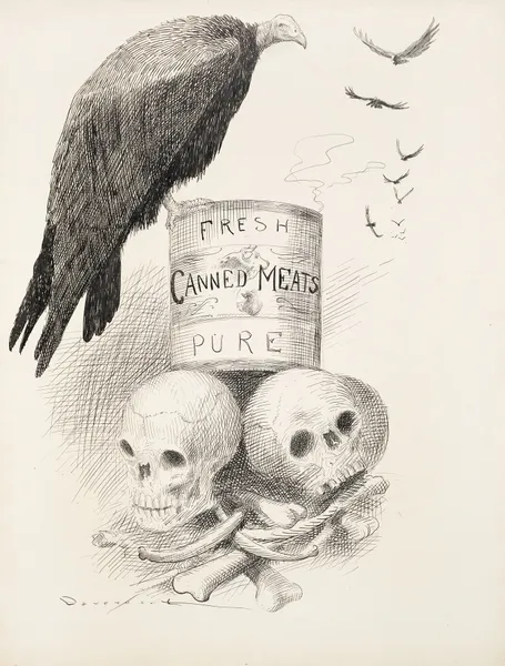 A can of ‘Fresh Canned Meats’ sits on top of human bones. Vultures circle the can, and one sits on it. av Homer Davenport