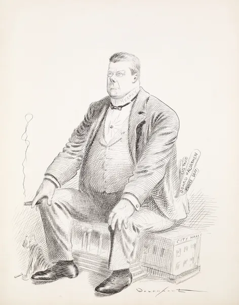 A large man, Murphy, sits on City Hall av Homer Davenport