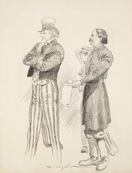 A man and woman try to give a scroll labeled ‘Russian Liberty’ to Uncle Sam, but he turns his back and will not take it. av Homer Davenport