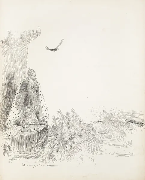 A man in a robe with military metals stands on the edge of the water av Homer Davenport