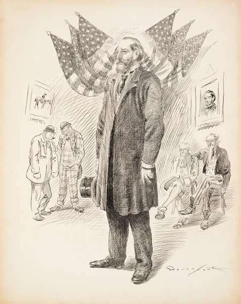 A man in a suit stands in the center with American flags behind him av Homer Davenport