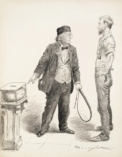 A man in a suit, with a whip in his hand, orders a man representing labor to put his vote in the ballot box. av Homer Davenport