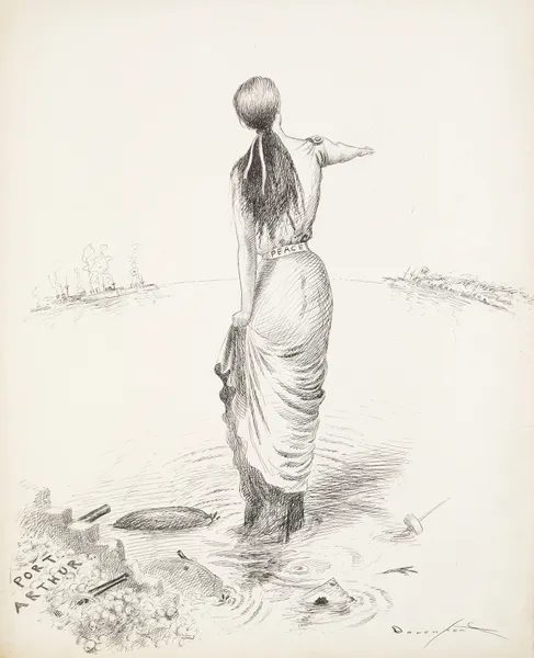 A woman representing peace stands in Port Arthur, filled with skulls and cannons av Homer Davenport