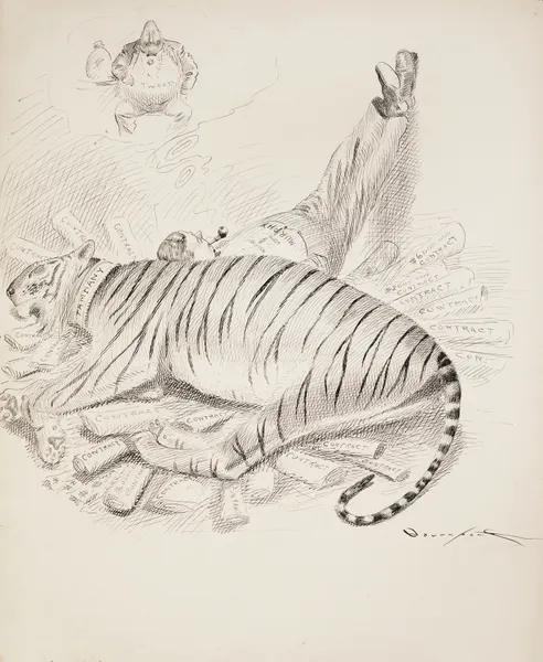 Murphy rests leaning against a large tiger, representing Tammany Hall av Homer Davenport