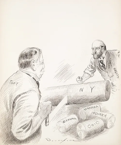 Two men, Taft and Hughes, saw chunks off of a log av Homer Davenport