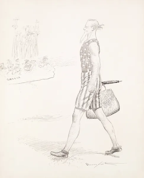 Uncle Sam in a bathing suit walks along a beach av Homer Davenport