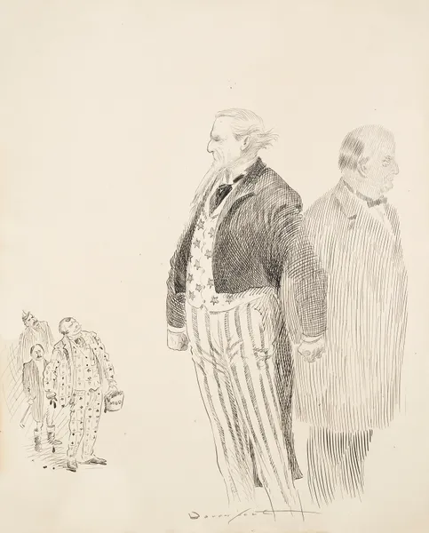 Uncle Sam stands guard between a gentleman and three men lead by a man carrying a bucket of mud and wearing a suit made of cards. av Homer Davenport