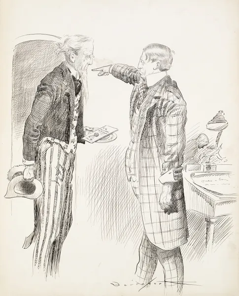 Uncle Sam, with torn clothes and tears in his eyes, tries to offer an invitation to the honorable W.R.H., but is ordered to leave av Homer Davenport