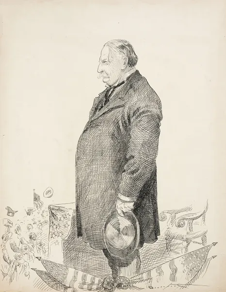 William Howard Taft stands to speak at an event, looking at a cheering crowd. av Homer Davenport