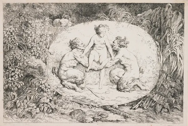 A Nymph Alighting on the Arms of Two Satyrs av Jean-Honoré Fragonard
