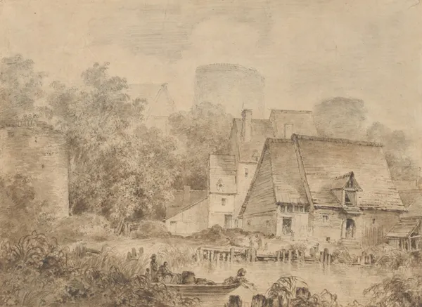 Farm Buildings beside a Waterway av Jean-Honoré Fragonard