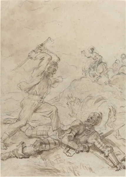 The Muleteer Attacking Don Quixote as He Lies Helpless on the Ground av Jean-Honoré Fragonard