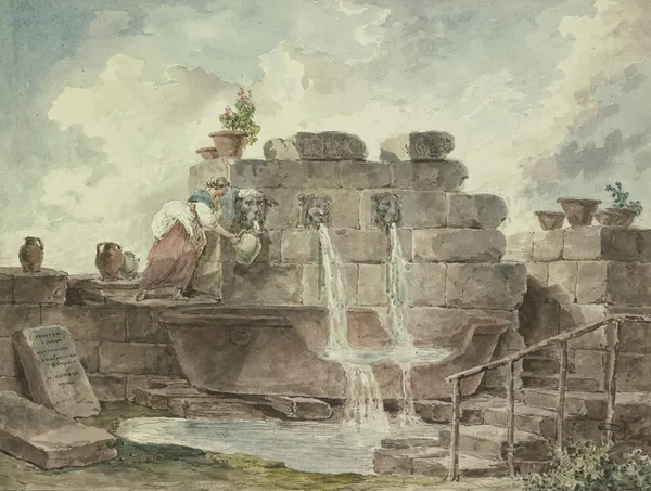 A Roman Fountain with a Woman Collecting Water av Hubert Robert