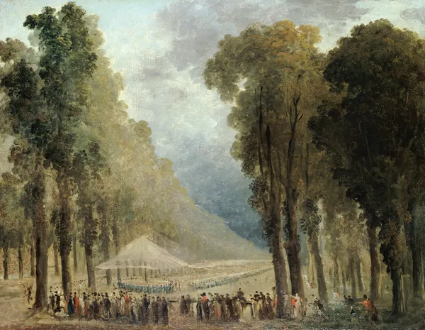 Repas servi aux troupes dans une allée des Champs-Elysées ou dans le parc de Saint-Cloud av Hubert Robert
