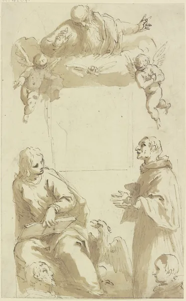 Gottvater mit Taube und Engeln über leerem quadratischem Feld, darunter Johannes der Evangelist und ein anderer anbetender Heiliger sowie die Köpfe von zwei Stiftern av Jacopo Palma il Giovane