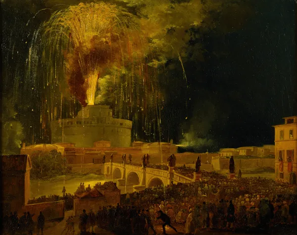 La Girandola Fireworks From Castel Sant’angelo In Rome av Ippolito Caffi