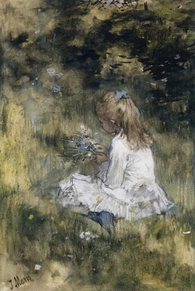 A Girl with Flowers on the Grass av Jacob Maris