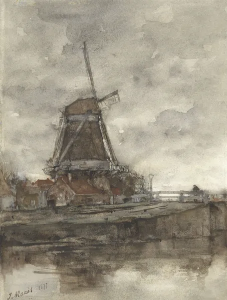 Molen en de brug bij de Noord-West-Buitensingel in Den Haag av Jacob Maris
