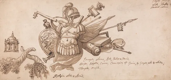 Design for a decoration incorporating motifs allusive to the Arts, Arms, and Religion av Sir James Thornhill