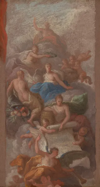 Gratitude Crowned by Peace, with Other Allegorical Figures of Industry, Fame and Plenty av Sir James Thornhill