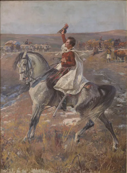 Portrait of Petőfi on horseback with a line of carts in the background av Jan Styka