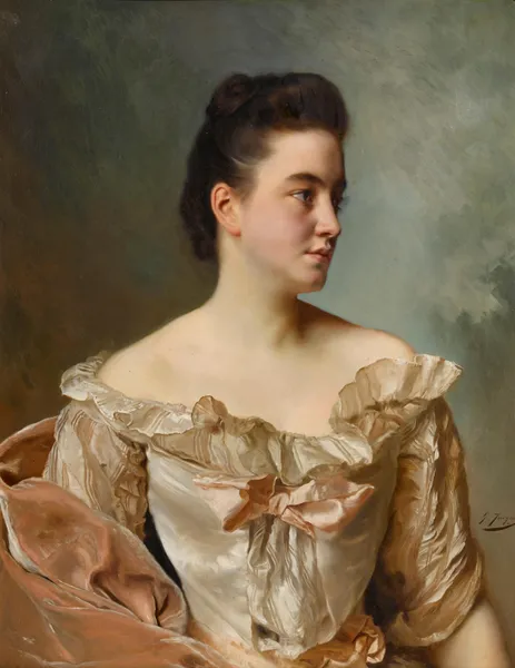 A portrait of a lady in pink av Gustave Jean Jacquet