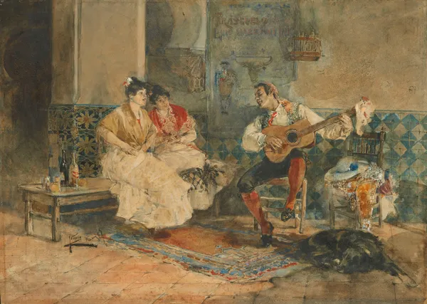 Two women in an interior listening to a guitarist av Joaquín Sorolla
