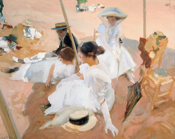 Under the awning, on the Beach at Zarauz av Joaquín Sorolla
