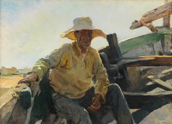 Viejo pescador en una barca av Joaquín Sorolla