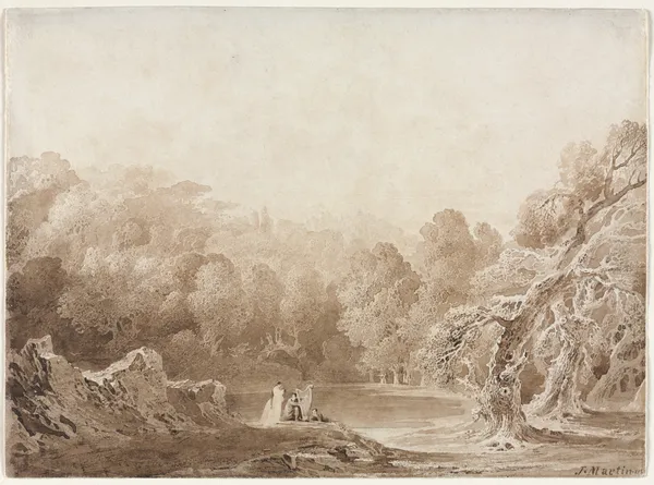 A Man Playing a Harp with other Figures beside a Lake av John Martin