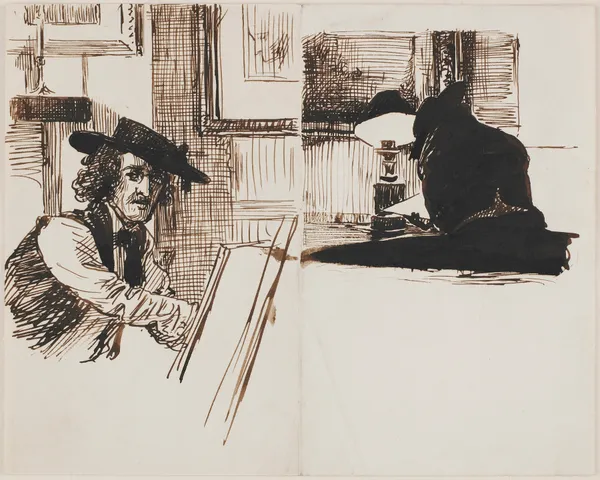 Whistler drawing Poynter; back view of a man seated at a table near a lighted lamp av Edward John Poynter