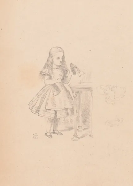 Drawing of Alice finds a bottle labelled ‘Drink Me’ av Sir John Tenniel