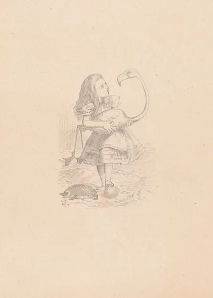 Drawing of Alice trying to play croquet with flamingo and hedgehog av Sir John Tenniel
