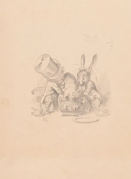 Drawing of Hatter and March Hare putting dormouse in teapot av Sir John Tenniel