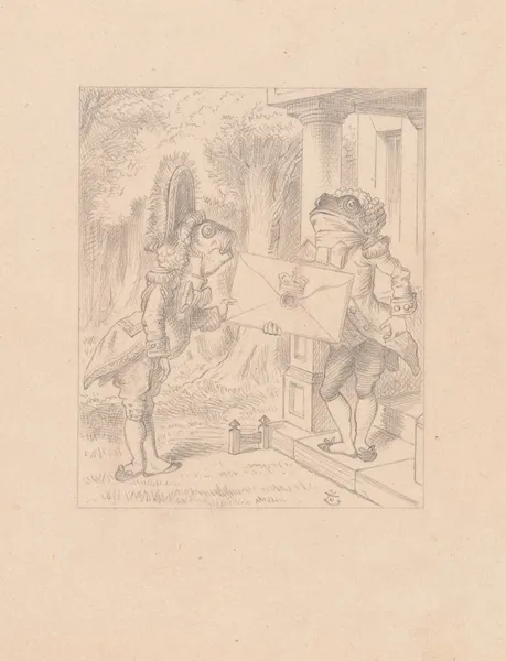 Drawing of the Fish Footman and the Frog Footman av Sir John Tenniel