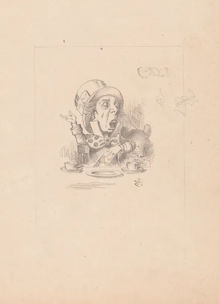Drawing of the Hatter engaging in rhetoric av Sir John Tenniel