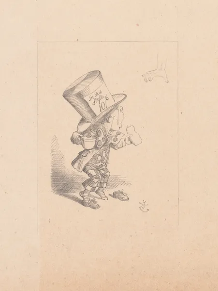 Drawing of the Mad Hatter arrives hastily in court to testify av Sir John Tenniel