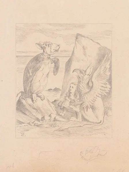 Drawing of the Mock Turtle and Gryphon sing to Alice av Sir John Tenniel