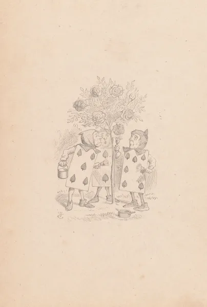 Drawing of Two, Five and Seven painting the rosebush av Sir John Tenniel
