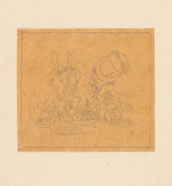 Tracing of Hatter and March Hare putting dormouse in teapot av Sir John Tenniel