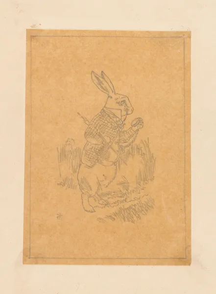 Tracing of the White Rabbit holding his watch av Sir John Tenniel