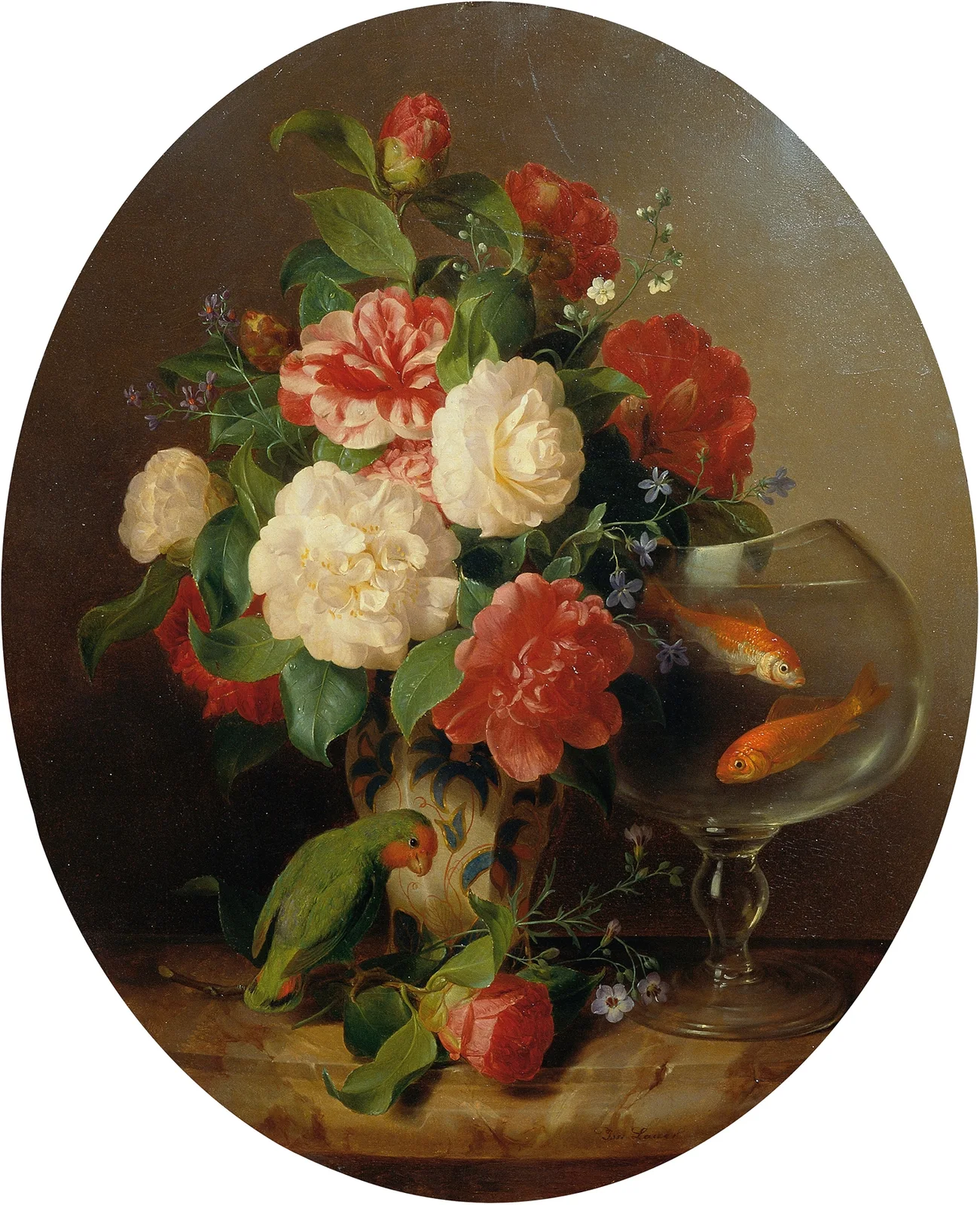 Blumenstück mit Goldfischglas av Josef Lauer