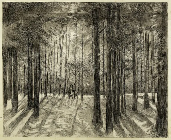 Deux enfants dans le bois de pins av Arthur-Joseph Gueniot