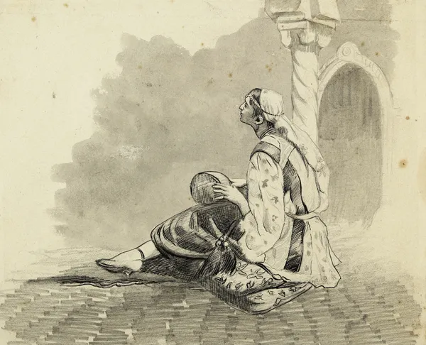 Femme mauresque assise devant une colonne torsadée av Arthur-Joseph Gueniot