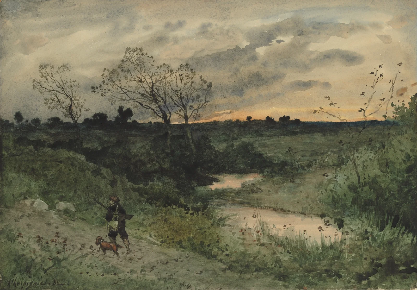 Dawn—Hunter with Dog av Henri-Joseph Harpignies