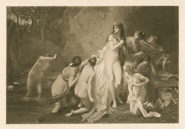 Diana surprised while bathing av Jules Joseph Lefebvre