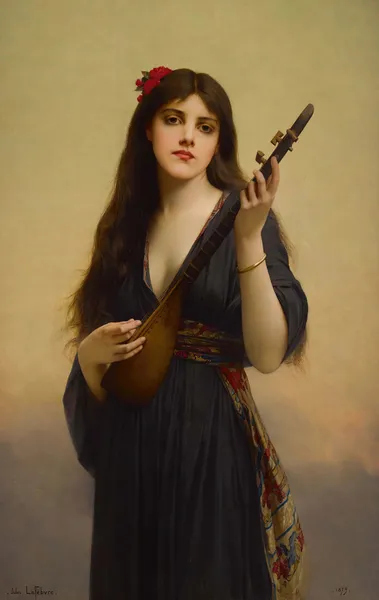 Woman Playing A Lute av Jules Joseph Lefebvre